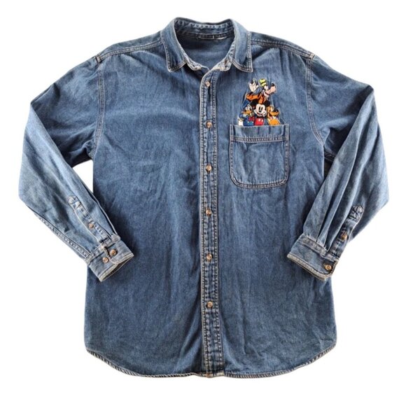 Vtg Disney Mickey & Friends Blue Denim Button Up Shirt Mickey Daffy Goofy, Sz L - Picture 1 of 5